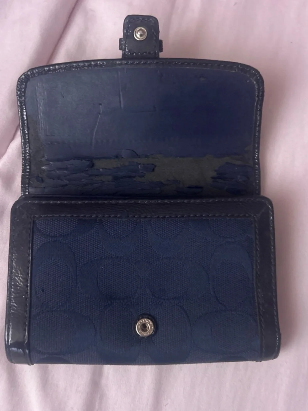 Coach Navy Signature Canvas Wallet with Black Leather Trim and Silver Buckle